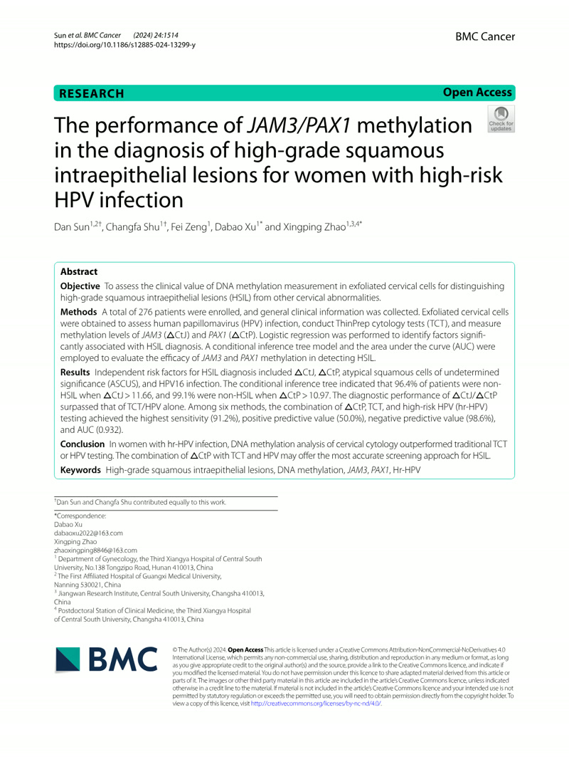 The performance of JAM3/PAX1 methylation in the diagnosis of high-grade squamous intraepithelial lesions for women with high-risk HPV infection