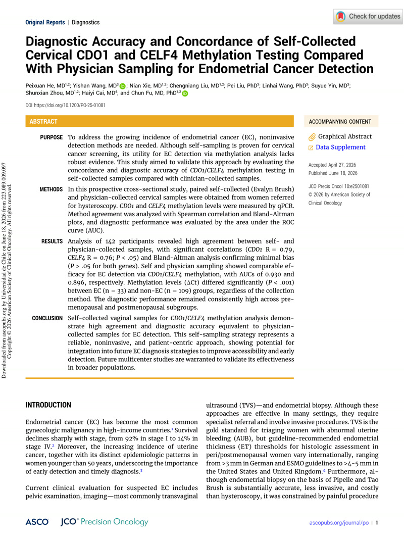 Diagnostic Accuracy and Concordance of Self-Collected Cervical CDO1 and CELF4 Methylation Testing Compared With Physician Sampling for Endometrial Cancer Detection