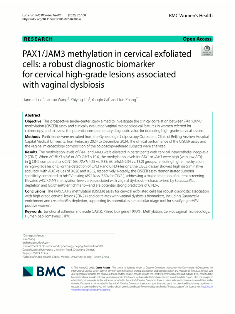 PAX1/JAM3 methylation in cervical exfoliated cells: a robust diagnostic biomarker for cervical high-grade lesions associated with vaginal dysbiosis
