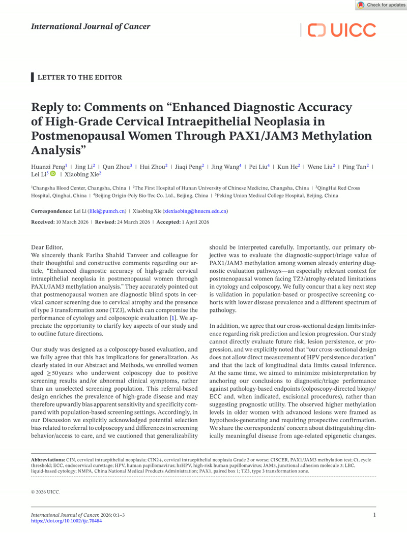 Enhanced diagnostic accuracy of high-grade cervical intraepithelial neoplasia in postmenopausal women through PAX1/JAM3 methylation analysis