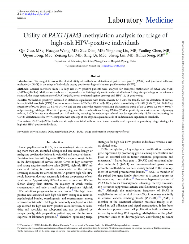 Utility of PAX1/JAM3 methylation analysis for triage of high-risk HPV-positive individuals