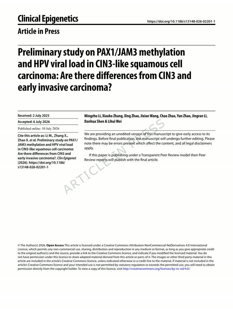 Preliminary study on PAX1/JAM3 methylation and HPV viral load in CIN3-like squamous cell carcinoma: Are there differences from CIN3 and early invasive carcinoma?