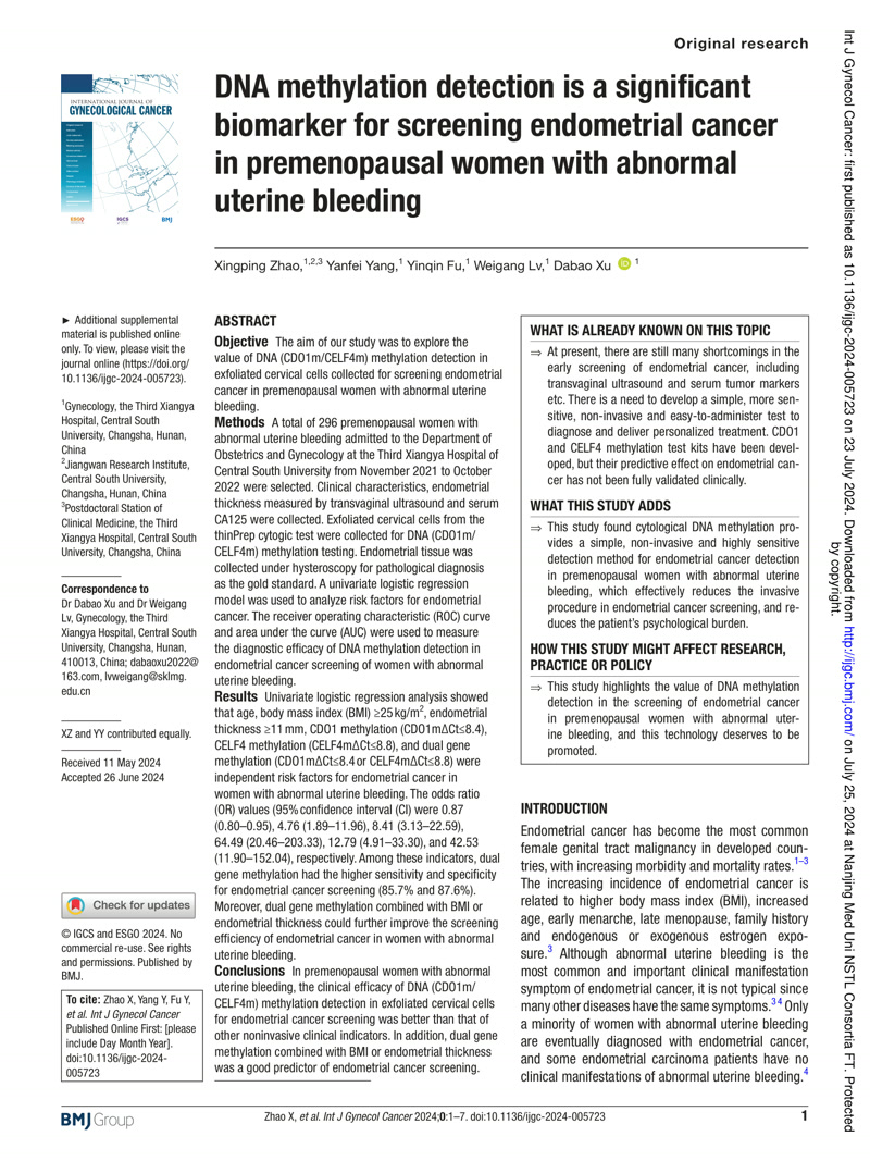 DNA methylation detection is a significant biomarker for screening endometrial cancer in premenopausal women with abnormal uterine bleeding