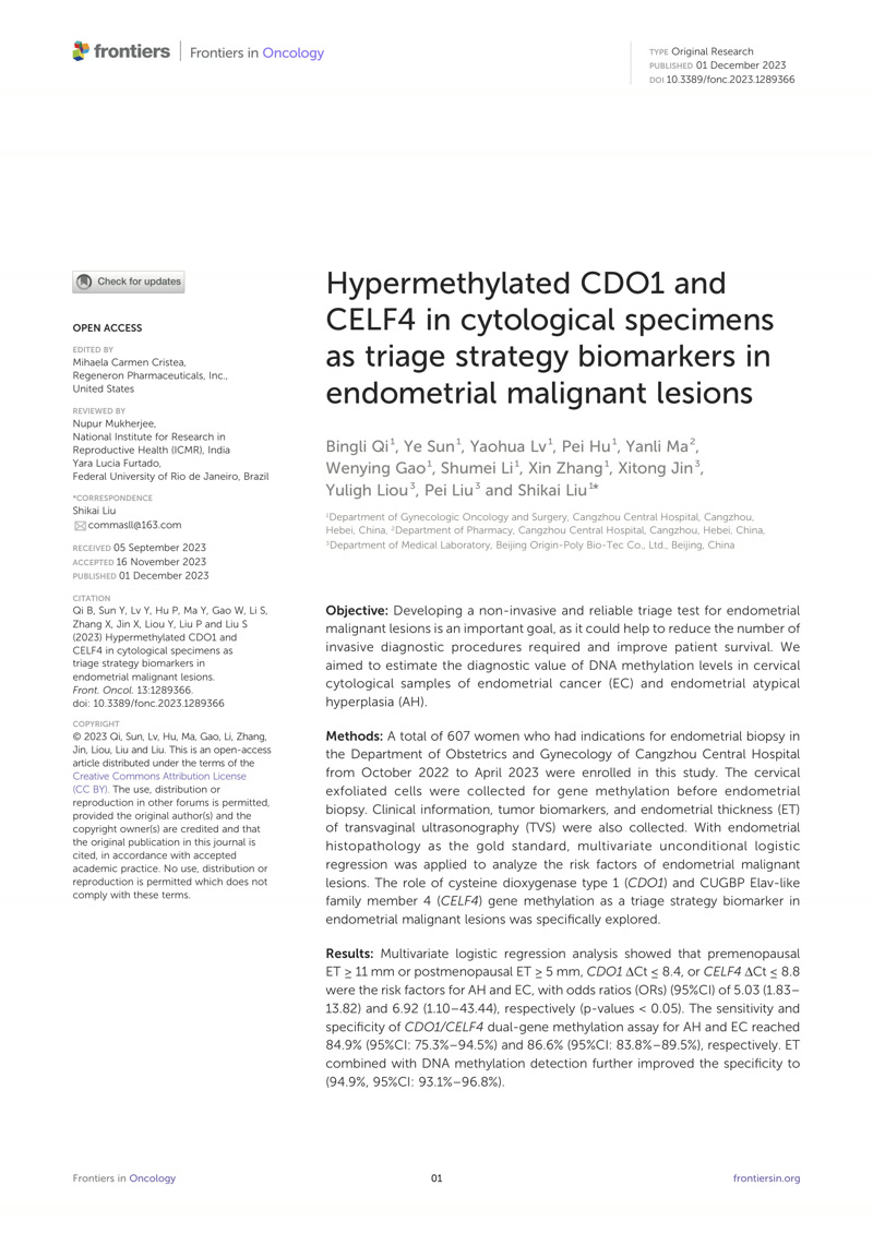 Hypermethylated CDO1 and CELF4 in cytological specimens as triage strategy biomarkers in endometrial malignant lesions.