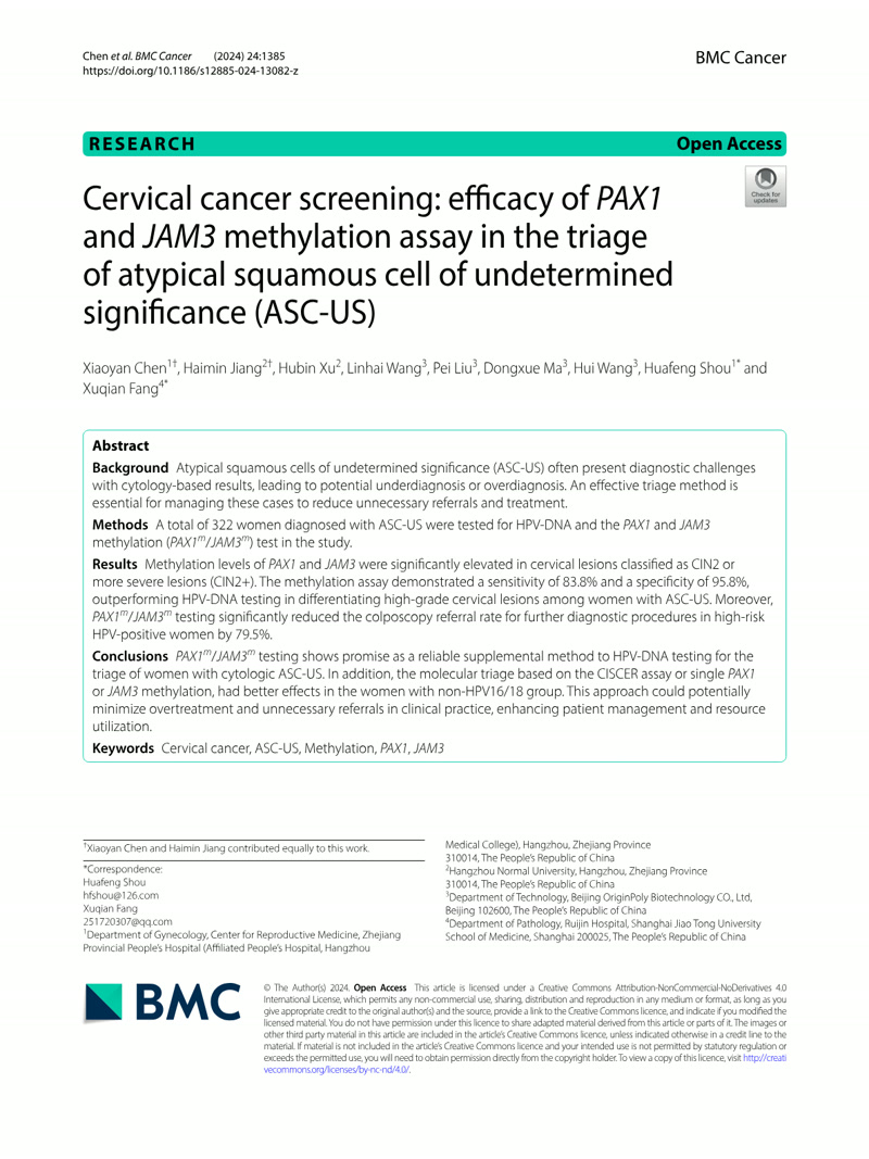 Cervical cancer screening: efficacy of PAX1 and JAM3 methylation assay in the triage of atypical squamous cell of undetermined significance (ASC-US)