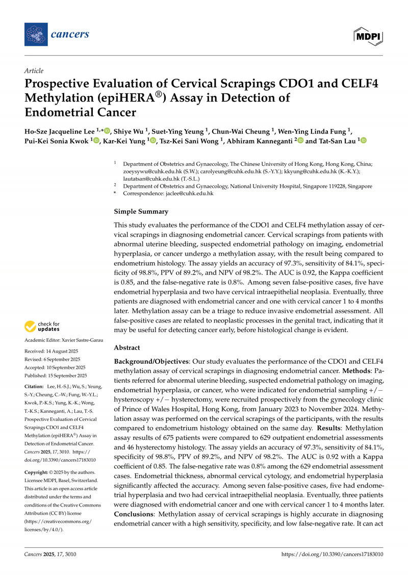 Prospective Evaluation of Cervical Scrapings CDO1 and CELF4 Methylation (epiHERA?) Assay in Detection of Endometrial Cancer