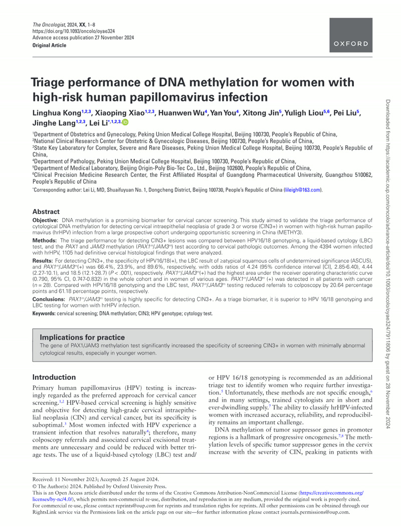 Triage performance of DNA methylation for women with high-risk human papillomavirus infection