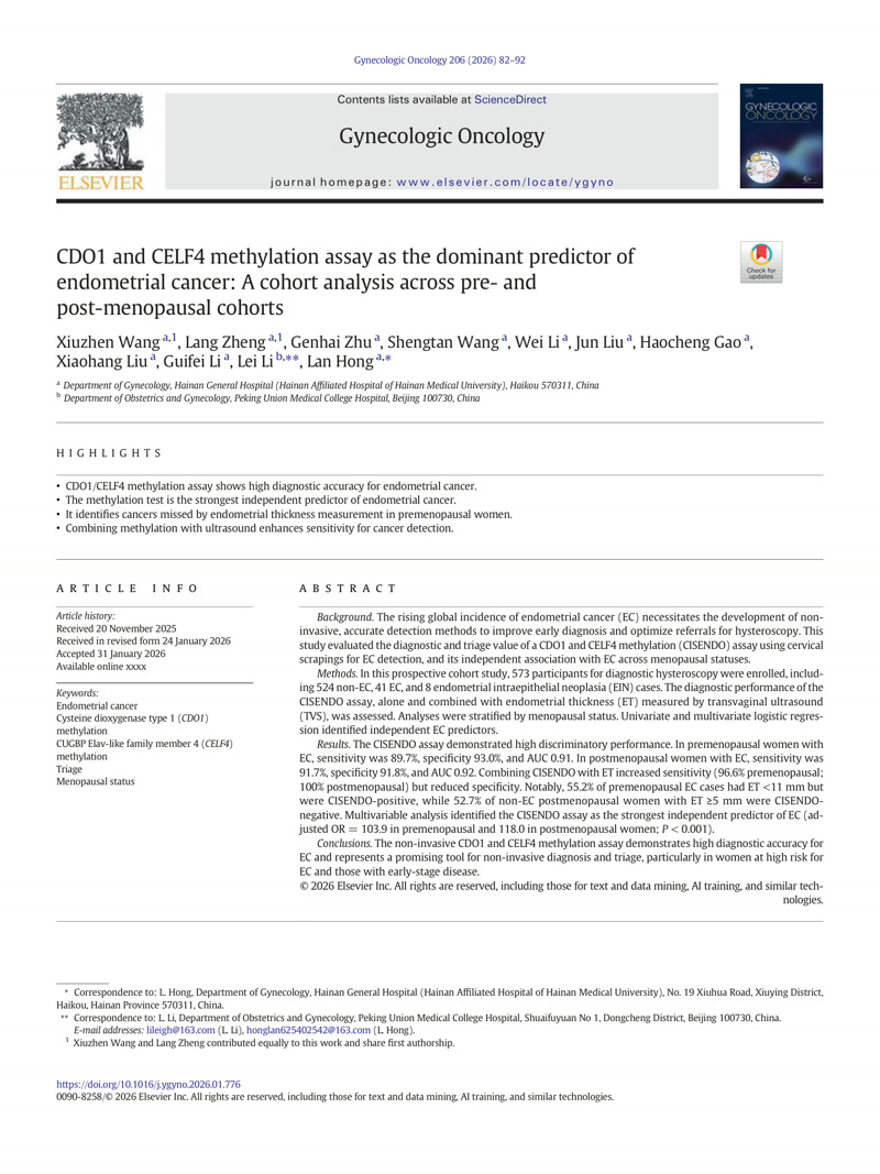 CDO1 and CELF4 methylation assay as the dominant predictor of endometrial cancer: A cohort analysis across pre- and post-menopausal cohorts