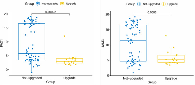 ΔCt JAM3 and PAX1 levels of upgrade vs not-upgrade